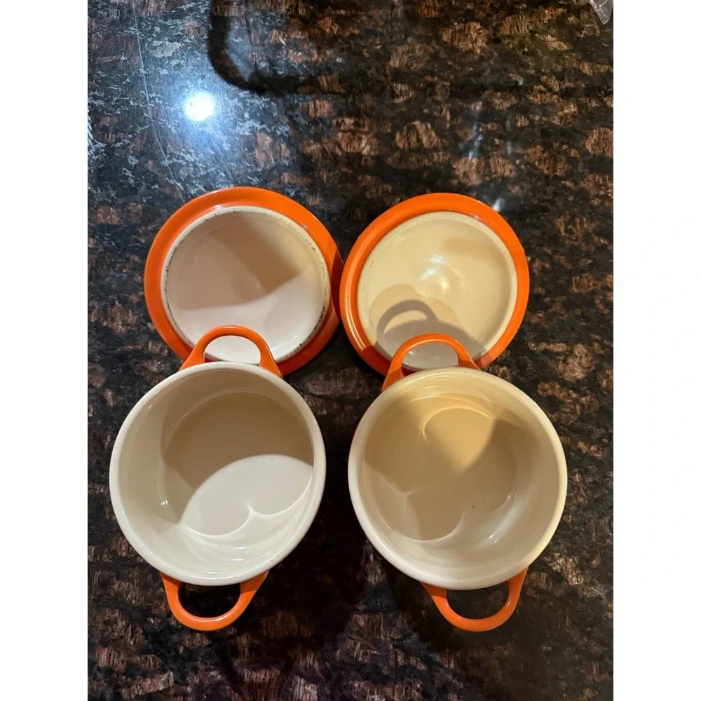 Le Creuset Set Of 2 Flame Orange Mini Round Cocettes Stoneware Covered Bakers